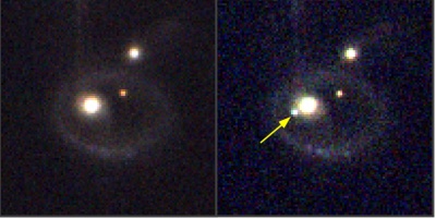 Images of the galaxy IIHz4 observed by the OAJ J-VAR Open Time Project before (left) and after (right) the detection of the supernova on December 12. The supernova position is indicated by a yellow arrow. Credit: Centro de Estudios de Física del Cosmos de Aragón (CEFCA)