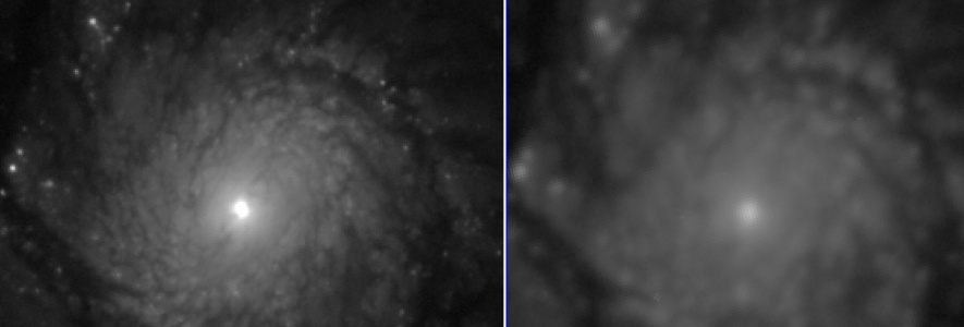Comparison of the image quality of a J-PAS Pathfinder coadded image of M51, resulting from the combination of 6x10s single exposures with no filter (left), and a g band image from SDSS (right). The FWHM of the PSF in the Pathfinder’s image is ~0.4 Comparison of the image quality of a J-PAS Pathfinder coadded image of M51, resulting from the combination of 6x10s single exposures with no filter (left), and a g band image from SDSS (right). The FWHM of the PSF in the Pathfinder’s image is ~0.4