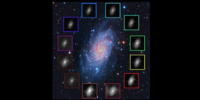 Imagen de la galaxia M33 en color y en los 12 filtros de J-PLUS Imagen de la galaxia M33 en color y en los 12 filtros de J-PLUS