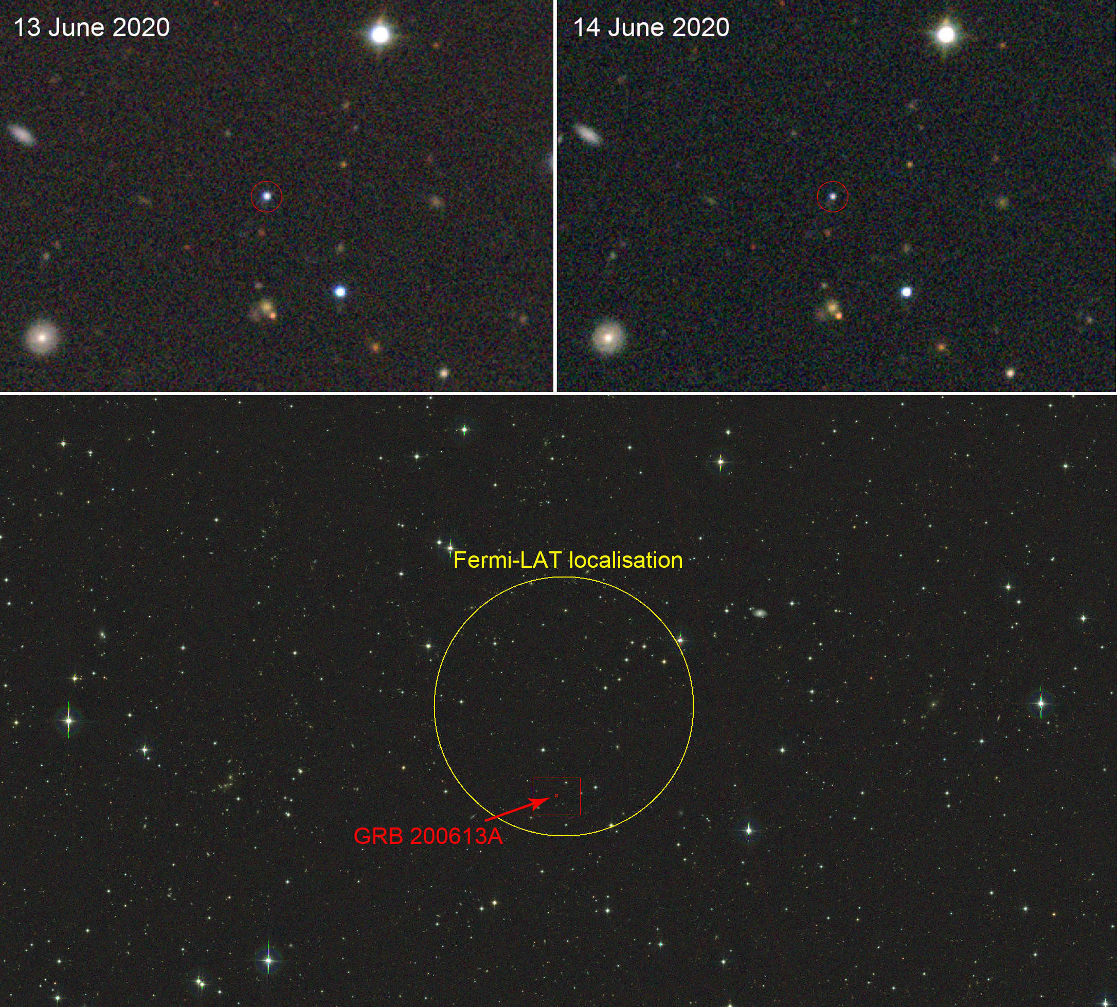 Arriba: Recorte de las imágenes obtenidas el 13 y 14 de junio de 2020 del resplandor del GRB tomadas con el JAST80. La imagen muestra el descenso de brillo que se produce gradualmente en estos objetos. Abajo: Imagen del GRB 200613A tomada con el telescopio JAST80 el 13 de junio. El círculo amarillo marca la posición en el cielo del GRB 200613A proporcionada por el satélite Fermi de la NASA. El círculo rojo marca la posición precisa del GRB 200613A. El cuadrado rojo indica la zona recortada y ampliada en las imágenes de arriba. Arriba: Recorte de las imágenes obtenidas el 13 y 14 de junio de 2020 del resplandor del GRB tomadas con el JAST80. La imagen muestra el descenso de brillo que se produce gradualmente en estos objetos. Abajo: Imagen del GRB 200613A tomada con el telescopio JAST80 el 13 de junio. El círculo amarillo
marca la posición en el cielo del GRB 200613A proporcionada por el satélite Fermi de la NASA. El círculo rojo marca la posición precisa del GRB 200613A. El cuadrado rojo indica la zona recortada y ampliada en las imágenes de arriba.