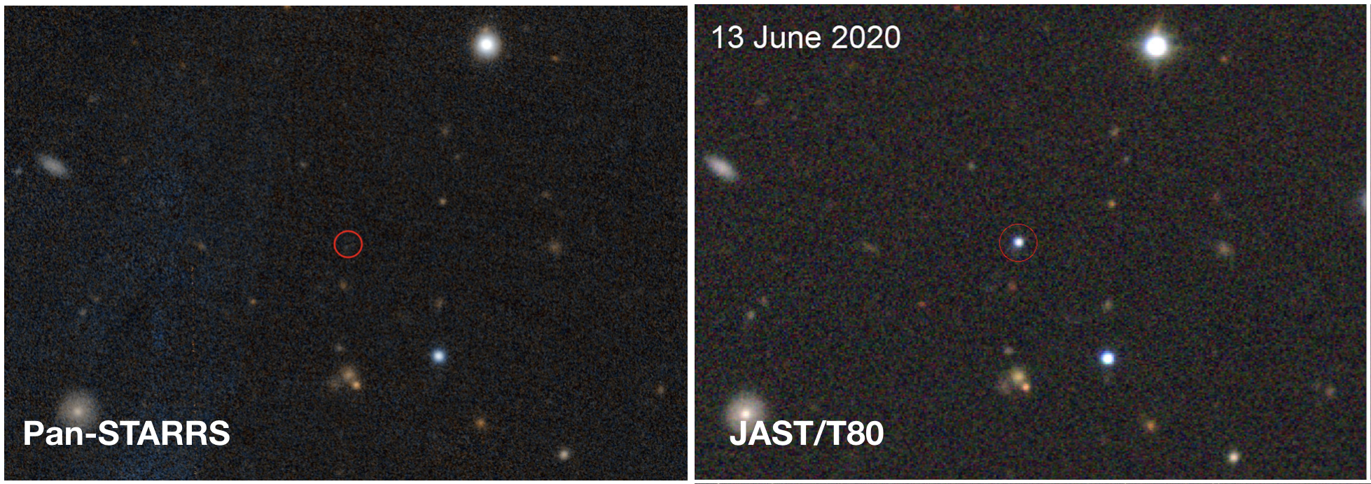 Comparativa de la zona donde se produjo el estallido de GRB 200613A. Izquierda: imagen de referencia tomada con el telescopio Pan-STARRS de Hawaii en una época anterior. Derecha: imagen tomada con el telescopio JAST80 durante el afterglow del GRB 200613A. Comparativa de la zona donde se produjo el estallido de GRB 200613A. Izquierda: imagen de referencia tomada con el telescopio Pan-STARRS de Hawaii en una época anterior. Derecha: imagen tomada con el telescopio JAST80 durante el afterglow del GRB 200613A.