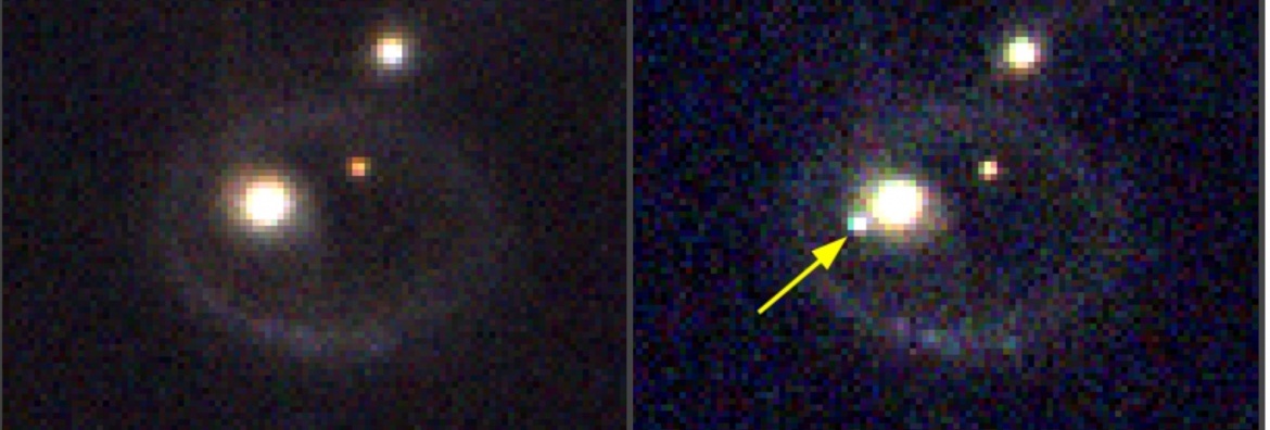 Images of the galaxy IIHz4 observed by the OAJ J-VAR Open Time Project before (left) and after (right) the detection of the supernova on December 12. The supernova position is indicated by a yellow arrow. Credit: Centro de Estudios de Física del Cosmos de Aragón (CEFCA) Images of the galaxy IIHz4 observed by the OAJ J-VAR Open Time Project before (left) and after (right) the detection of the supernova on December 12. The supernova position is indicated by a yellow arrow. Credit: Centro de Estudios de Física del Cosmos de Aragón (CEFCA)