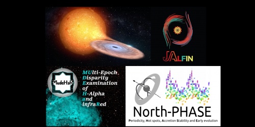 From top left, composition of the four legacy projects to be they are going to execute: image of sleeping black hole, main objective of Mini-HAWKs (credit: Gabriel Pérez Díaz), and J-ALFIN logos (credit: Marjan Akbari and Edgar I Santamaría), MUDEHaR and North-PHASE From top left, composition of the four legacy projects to be they are going to execute: image of sleeping black hole, main objective of Mini-HAWKs (credit: Gabriel Pérez Díaz), and J-ALFIN logos (credit: Marjan Akbari and Edgar I Santamaría), MUDEHaR and North-PHASE