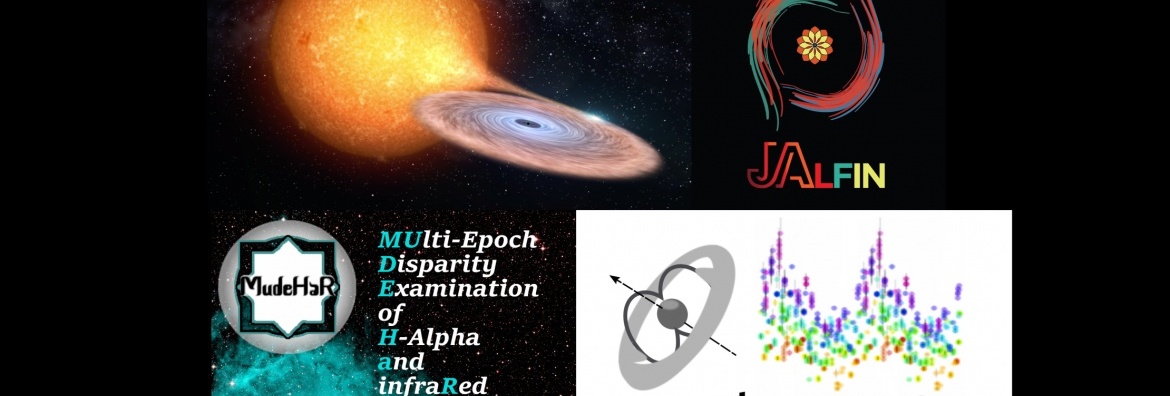 From top left, composition of the four legacy projects to be they are going to execute: image of sleeping black hole, main objective of Mini-HAWKs (credit: Gabriel Pérez Díaz), and J-ALFIN logos (credit: Marjan Akbari and Edgar I Santamaría), MUDEHaR and North-PHASE From top left, composition of the four legacy projects to be they are going to execute: image of sleeping black hole, main objective of Mini-HAWKs (credit: Gabriel Pérez Díaz), and J-ALFIN logos (credit: Marjan Akbari and Edgar I Santamaría), MUDEHaR and North-PHASE